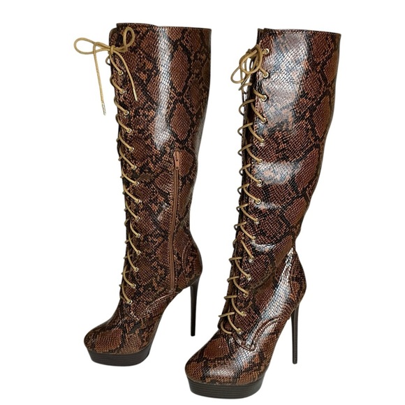 Noela Brown Snakeskin Lace Up Knee High Platform Stiletto Boots Zip Side 7.50 - Picture 5 of 16